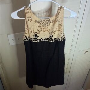 LOFT Black Linen Dress with Cream Crochet Yoke